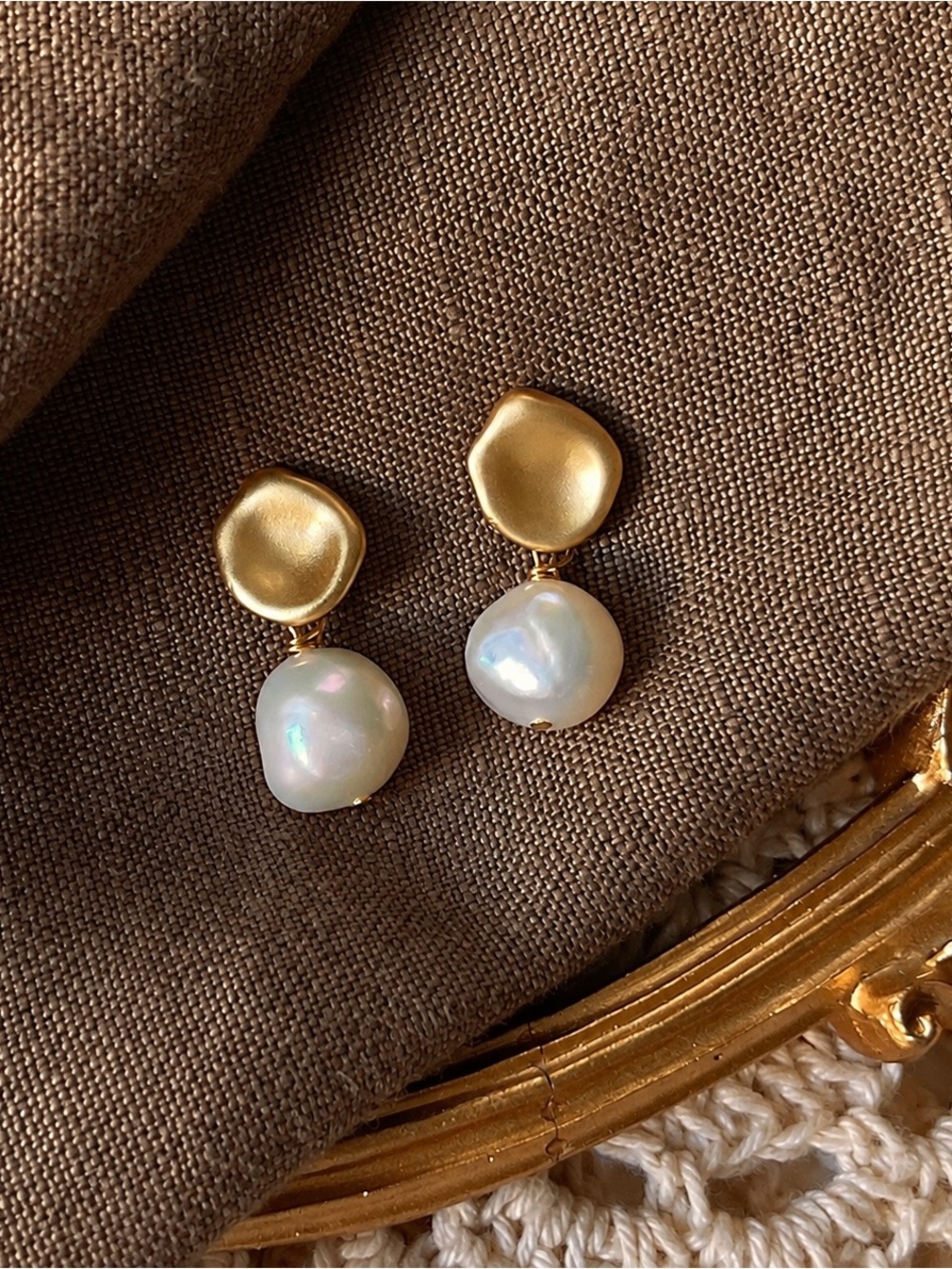 Natural Pearl Drop Earrings, Gold-Tone Dangles, 925 Sterling Silver Posts